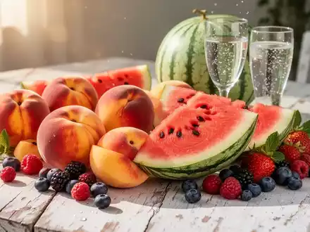 Ein Stillleben aus frischen, bunten Sommerfrüchten wie Wassermelone, Pfirsichen und Beeren mit einem Glas Wasser im Hintergrund. - Foto: über boerse-global.de