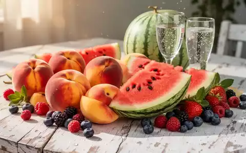Ein Stillleben aus frischen, bunten Sommerfrüchten wie Wassermelone, Pfirsichen und Beeren mit einem Glas Wasser im Hintergrund. - Foto: über boerse-global.de