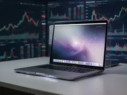 Refurbished MacBook Pro M1 auf einem Schreibtisch, unscharfer Hintergrund mit Finanzmarktdaten, symbolisiert Wachstum im Second-Hand-Technikmarkt. - Foto: über boerse-global.de