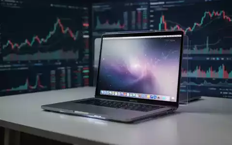 Refurbished MacBook Pro M1 auf einem Schreibtisch, unscharfer Hintergrund mit Finanzmarktdaten, symbolisiert Wachstum im Second-Hand-Technikmarkt. - Foto: über boerse-global.de