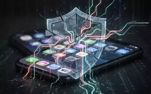 Ein stilisiertes digitales Schild mit leuchtenden Linien, das teilweise zerbrochen ist und Datenlecks andeutet. Dahinter ein unscharfes Smartphone mit App-Symbolen, das die Bedenken hinsichtlich des Datenschutzes symbolisiert. - Foto: über boerse-global.de