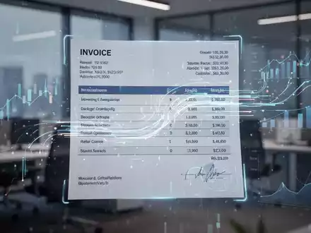 Eine digitale Rechnung mit leuchtenden Datenströmen, überlagert vor einem unscharfen Bürohintergrund mit Finanzdiagrammen. - Foto: über boerse-global.de