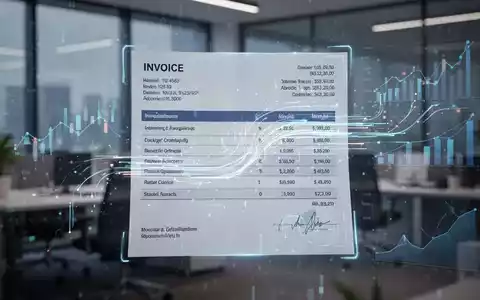 Eine digitale Rechnung mit leuchtenden Datenströmen, überlagert vor einem unscharfen Bürohintergrund mit Finanzdiagrammen. - Foto: über boerse-global.de
