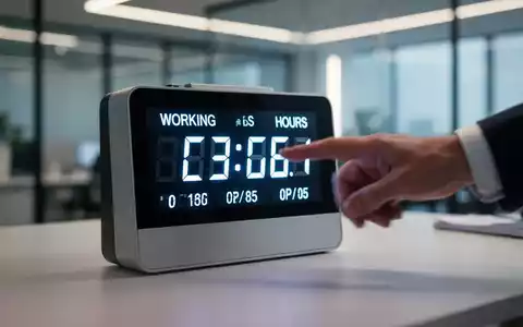 Eine Nahaufnahme einer modernen digitalen Zeiterfassungsuhr mit einer Hand, die gerade ein- oder ausstempelt, im Hintergrund ein Büro. - Foto: über boerse-global.de