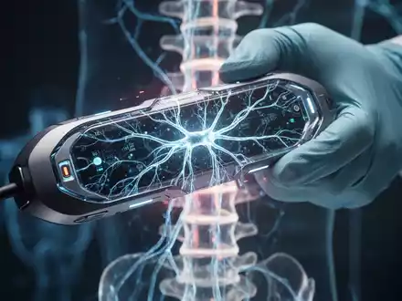 Eine Nahaufnahme zeigt ein futuristisch anmutendes Rückenmarkstimulationsgerät, das von einer behandschuhten Hand gehalten wird. - Foto: über boerse-global.de