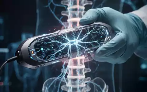 Eine Nahaufnahme zeigt ein futuristisch anmutendes Rückenmarkstimulationsgerät, das von einer behandschuhten Hand gehalten wird. - Foto: über boerse-global.de