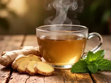 Eine dampfende Tasse Ingwertee mit Ingwerscheiben und Minzblättern auf einem Holztisch, warm beleuchtet. - Foto: über boerse-global.de