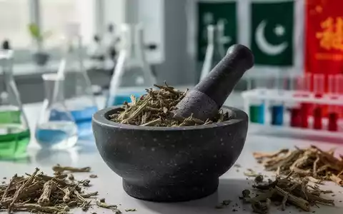 Ein Mörser und StöĂel zerkleinern traditionelle chinesische HeilkrĂ€uter, im Hintergrund verschwommen moderne LaborgerĂ€te. - Foto: ĂŒber boerse-global.de