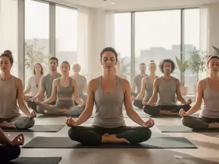 Eine Gruppe von Menschen praktiziert Yoga oder Meditation in einem modernen, hellen Raum, der Ruhe und Wohlbefinden ausstrahlt. - Foto: über boerse-global.de