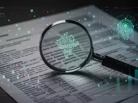 Ein Vergrößerungsglas über einem Finanzdokument mit kleinen Details, überlagert von einer digitalen Benutzeroberfläche mit abstrakten Datenpunkten und einem KI-Symbol. - Foto: über boerse-global.de