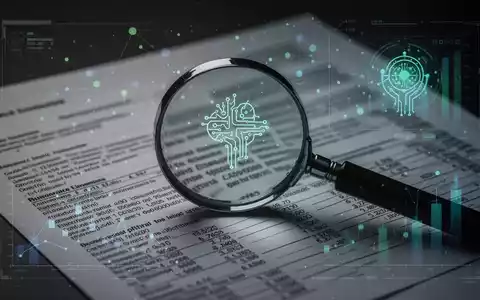 Ein Vergrößerungsglas über einem Finanzdokument mit kleinen Details, überlagert von einer digitalen Benutzeroberfläche mit abstrakten Datenpunkten und einem KI-Symbol. - Foto: über boerse-global.de
