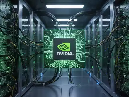 Zukunftsorientierter Serverraum mit leuchtend grünen Leiterplatten und komplexer Verkabelung, die fortschrittliche KI-Technologie repräsentiert. - Foto: über boerse-global.de