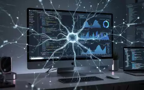 Futuristischer Desktop-Computer mit leuchtendem neuronalem Netzwerk-Overlay, das fortschrittliche KI und Rechenleistung für Mac und Windows symbolisiert. - Foto: über boerse-global.de