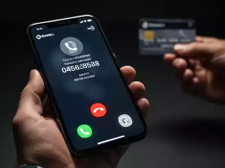 Eine Hand hält ein Smartphone mit gefälschter Anrufer-ID einer Bank, im Hintergrund eine Hand mit Kreditkarte. - Foto: über boerse-global.de