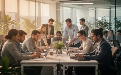 Mitarbeiter in einem modernen Büro, die zusammenarbeiten und individuell arbeiten, was ein gesundes Arbeitsumfeld symbolisiert. - Foto: über boerse-global.de