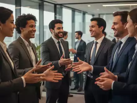 Eine Gruppe von Fachleuten, die sich in einem modernen Büro austauschen und vernetzen, was den verdeckten Stellenmarkt symbolisiert. - Foto: über boerse-global.de