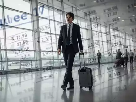 Eine Person in Geschäftskleidung geht mit einem Koffer durch einen modernen Flughafen. Im Hintergrund sind verschwommene Finanzdokumente zu sehen. - Foto: über boerse-global.de