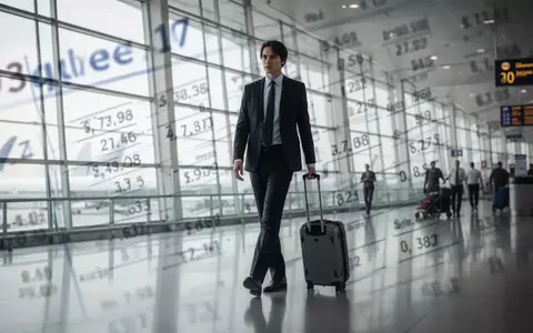 Eine Person in Geschäftskleidung geht mit einem Koffer durch einen modernen Flughafen. Im Hintergrund sind verschwommene Finanzdokumente zu sehen. - Foto: über boerse-global.de