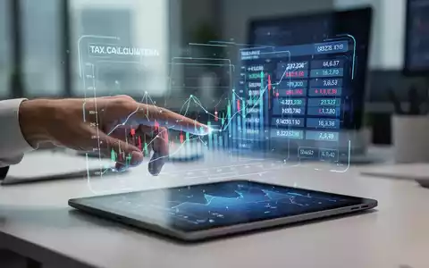 Eine Hand tippt auf einem Tablet, das eine holografische Projektion mit Finanzdaten und Steuerberechnungen anzeigt. - Foto: über boerse-global.de