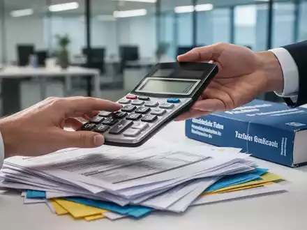 Eine Hand hält einen Taschenrechner über einem Stapel Finanzdokumente und einem deutschen Steuergesetzbuch. - Foto: über boerse-global.de