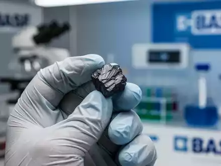 Nahaufnahme einer behandschuhten Hand, die eine Graphitprobe in einem Labor hält, mit verschwommenem Hintergrund von Laborgeräten. - Foto: über boerse-global.de