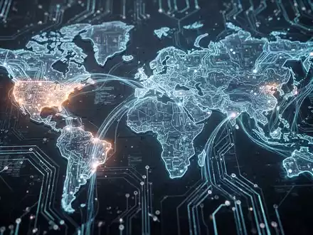 Ein futuristisches Schaltbild mit leuchtenden Linien und Knoten, die eine Weltkarte bilden und den Datenaustausch zwischen Regionen zeigen. - Foto: über boerse-global.de