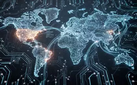 Ein futuristisches Schaltbild mit leuchtenden Linien und Knoten, die eine Weltkarte bilden und den Datenaustausch zwischen Regionen zeigen. - Foto: über boerse-global.de