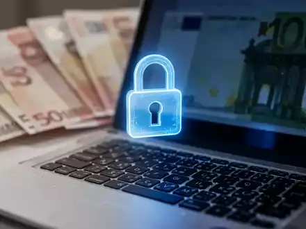 Laptop-Tastatur mit leuchtendem blauen Schloss-Symbol auf dem Bildschirm, verschwommene Euro-Banknoten im Hintergrund. - Foto: über boerse-global.de