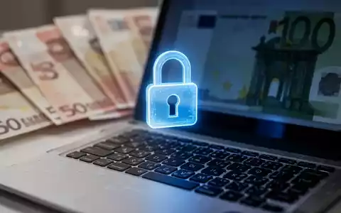 Laptop-Tastatur mit leuchtendem blauen Schloss-Symbol auf dem Bildschirm, verschwommene Euro-Banknoten im Hintergrund. - Foto: über boerse-global.de