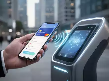 Eine Hand hält ein Smartphone mit einer digitalen Geldbörsen-App und tätigt eine kontaktlose Zahlung an einem modernen Zahlungsterminal. - Foto: über boerse-global.de