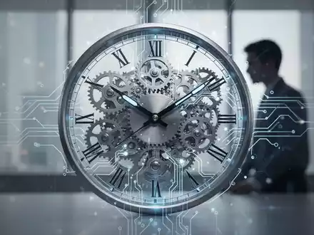 Eine stilisierte Uhr mit Zahnrädern und Schaltkreisen, die Zeitmanagement und KI symbolisieren. Im Hintergrund ist eine menschliche Silhouette zu sehen. - Foto: über boerse-global.de