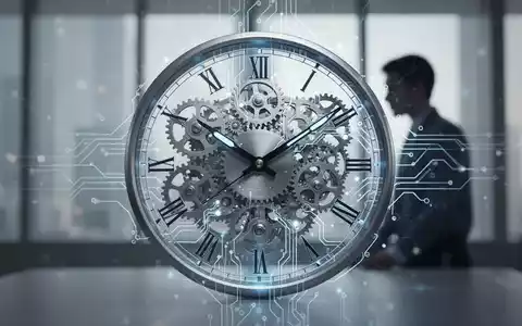 Eine stilisierte Uhr mit Zahnrädern und Schaltkreisen, die Zeitmanagement und KI symbolisieren. Im Hintergrund ist eine menschliche Silhouette zu sehen. - Foto: über boerse-global.de