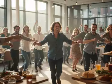 Eine Gruppe fröhlicher Menschen tanzt Line Dance in einem hellen Saal in Hamburg; im Hintergrund sind Tische mit Brunch-Essen zu sehen. - Foto: über boerse-global.de