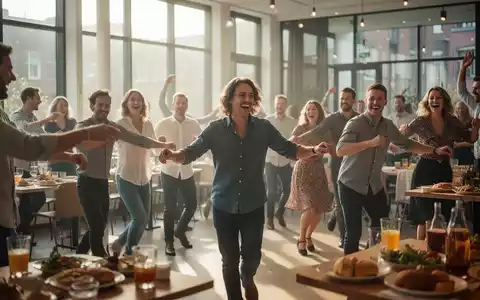 Eine Gruppe fröhlicher Menschen tanzt Line Dance in einem hellen Saal in Hamburg; im Hintergrund sind Tische mit Brunch-Essen zu sehen. - Foto: über boerse-global.de