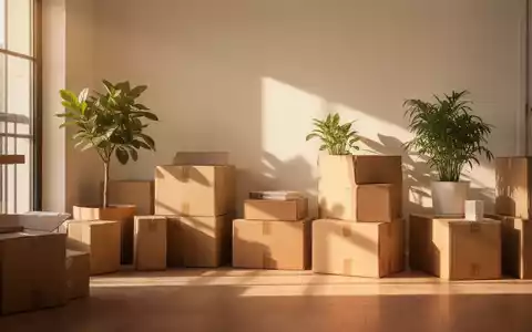Ein minimalistisches Apartment mit sorgfältig gepackten Umzugskartons, warmem Sonnenlicht und einer einzelnen grünen Pflanze, das Ruhe und Neuanfang symbolisiert. - Foto: über boerse-global.de
