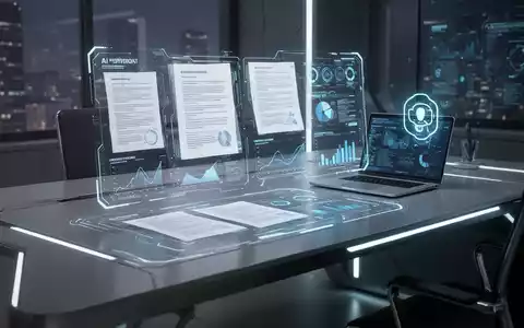 Leuchtendes holografisches Interface mit KI-generierten Dokumenten und Datenvisualisierungen auf einem futuristischen Schreibtisch mit Laptop. - Foto: über boerse-global.de