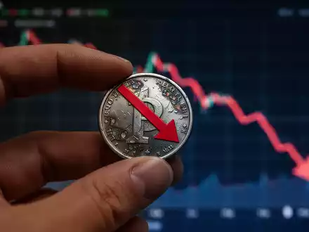 Eine Hand hält eine verrostete Seltenerdmetallmünze, die einen roten Pfeil nach unten reflektiert, vor einem fallenden Chart. - Foto: über boerse-global.de