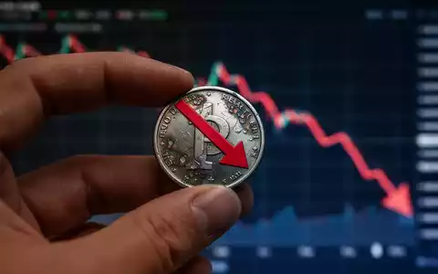 Eine Hand hält eine verrostete Seltenerdmetallmünze, die einen roten Pfeil nach unten reflektiert, vor einem fallenden Chart. - Foto: über boerse-global.de