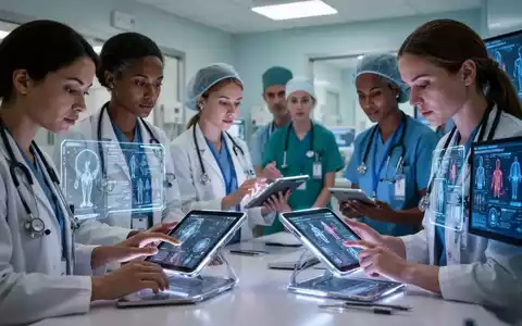 Pflegekräfte und medizinisches Personal nutzen digitale Tablets und Computer in einem modernen Krankenhaus, um Patientendaten zu verwalten. - Foto: über boerse-global.de
