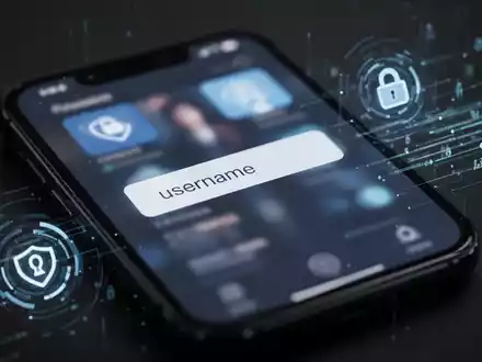 Smartphone-Bildschirm mit Benutzernamen-Feld, abstrakten digitalen Privatsphäre-Symbolen und Datenströmen im Hintergrund. - Foto: über boerse-global.de