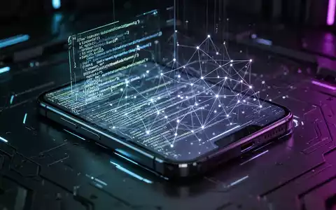 Nahaufnahme eines futuristischen Smartphone-Bildschirms mit Codezeilen und Netzwerksymbolen, die Software-Updates und Fehlerbehebungen darstellen. - Foto: über boerse-global.de