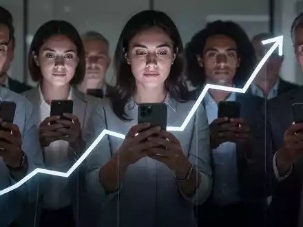 Verschiedene Menschen mit Smartphones, Gesichter von Bildschirmen erhellt, bilden eine Aufwärtskurve der Loyalität, symbolisiert gesteigerte iPhone-Nutzerbindung. - Foto: über boerse-global.de