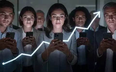 Verschiedene Menschen mit Smartphones, Gesichter von Bildschirmen erhellt, bilden eine Aufwärtskurve der Loyalität, symbolisiert gesteigerte iPhone-Nutzerbindung. - Foto: über boerse-global.de