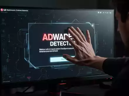 Nahaufnahme eines LG Gaming-Monitors mit Adware-Pop-up, eine Hand versucht es zu verdecken, symbolisiert Nutzerfrustration. - Foto: über boerse-global.de