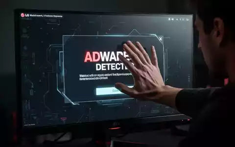 Nahaufnahme eines LG Gaming-Monitors mit Adware-Pop-up, eine Hand versucht es zu verdecken, symbolisiert Nutzerfrustration. - Foto: über boerse-global.de