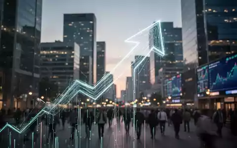 Eine stilisierte, leuchtende digitale Pfeilspitze zeigt nach oben vor dem unscharfen Hintergrund eines Finanzviertels in der Dämmerung. - Foto: über boerse-global.de