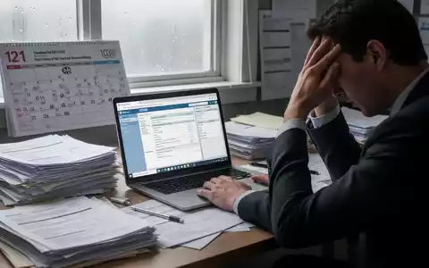 Eine gestresste Person sitzt an einem Schreibtisch, umgeben von Steuerformularen und einem Laptop mit einer Frist auf dem Bildschirm. - Foto: über boerse-global.de