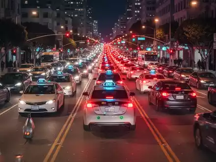 Nächtliche Straße in San Francisco mit autonomen Taxis im Stau zwischen konventionellem Verkehr und Stadtlichtern. - Foto: über boerse-global.de