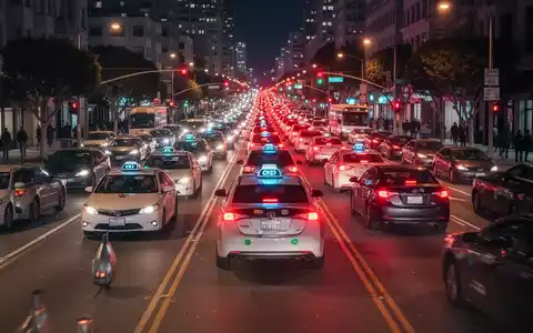Nächtliche Straße in San Francisco mit autonomen Taxis im Stau zwischen konventionellem Verkehr und Stadtlichtern. - Foto: über boerse-global.de