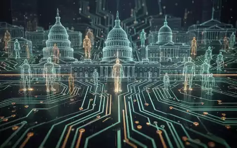 Digitale Leiterplatte mit Umrissen von Regierungsgebäuden und Menschen, Symbol für digitale Verwaltung und Bürokratieabbau. - Foto: über boerse-global.de
